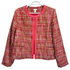 Chico's Pink Multi Tweed Collarless Jacket Ribbon Trimmed Size 2 or Large